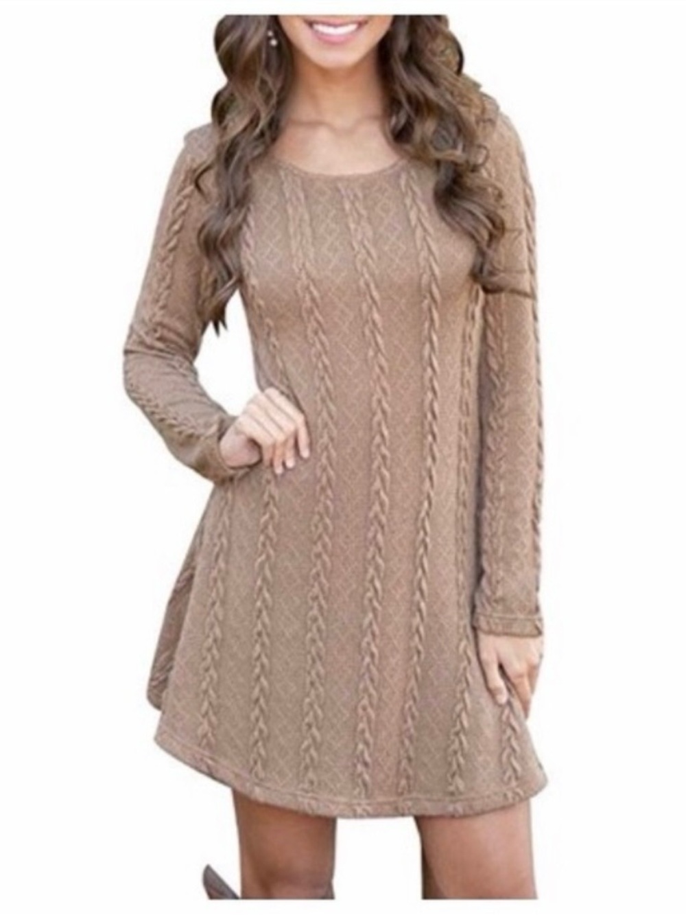 Amazon Long Sleeve Cable Knit Swing Dress - Taupe Brown